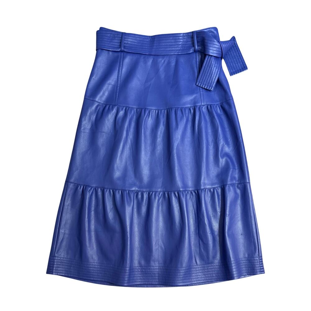 Marie Oliver Skirt Brooklyn Vegan Leather Tiered Belted Midi A-Line Purple Sz 8
